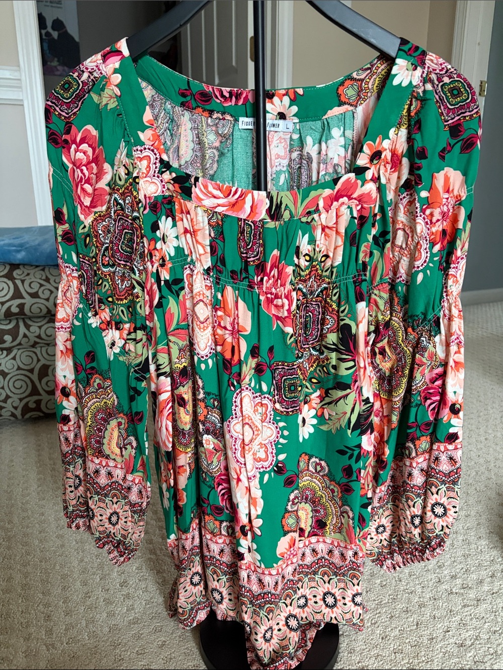 Green Floral Peasant Blouse with Pink Accent